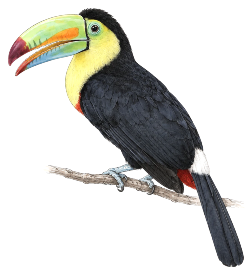 Ink and watercolour plate of a keel-billed toucan perched on a branch.