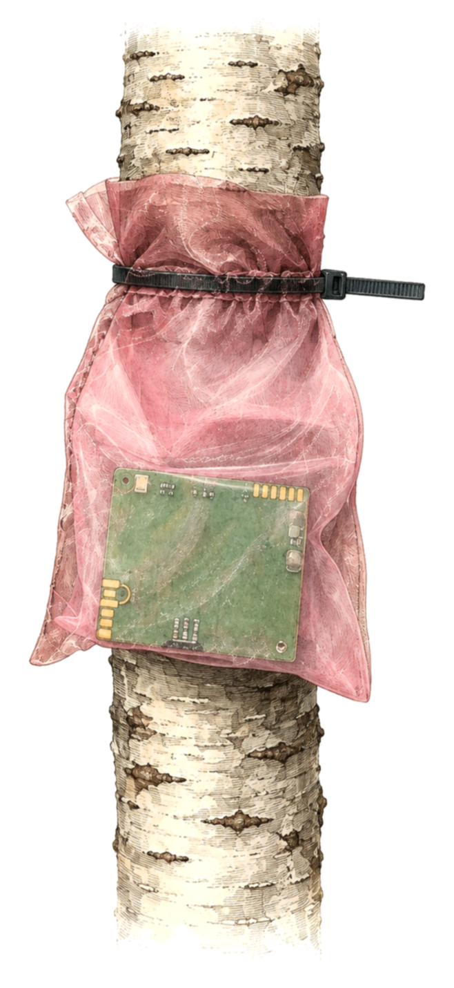 Ink and watercolour plate of an AudioMoth acoustic recorder in a chiffon bag, zip-tied to a birch trunk.